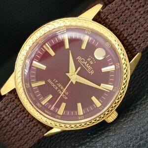 Vintage 1984 Roamer Manual Mens Gold Watch W/Nato Strap & Red accents